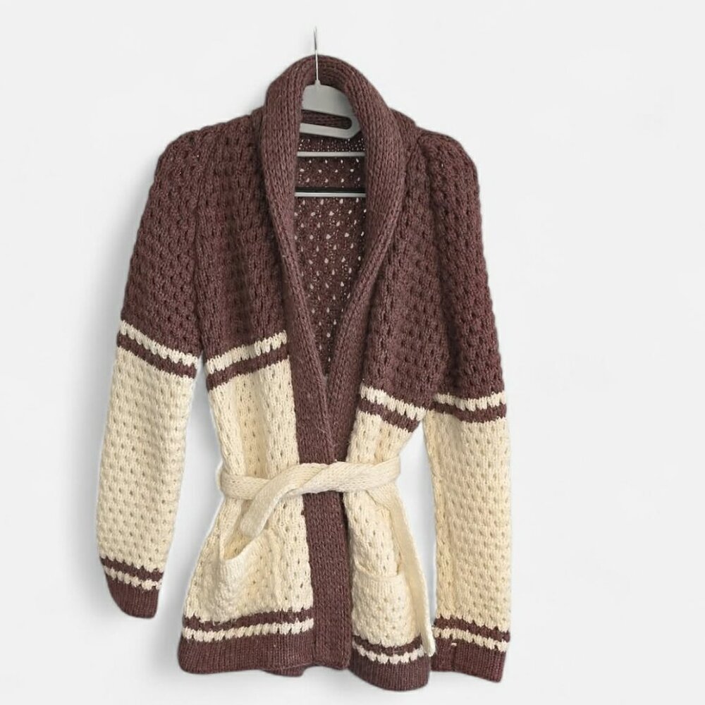 Handmade Vintage Cardigan Sweater 70s Cottagecore Chunky Crocheted Belted Earthy